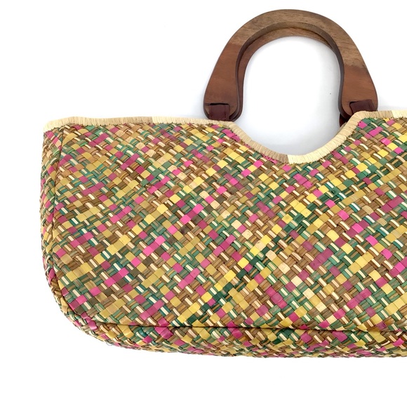 Handbags - Vintage Wooden Handle Straw Zipper Handbag